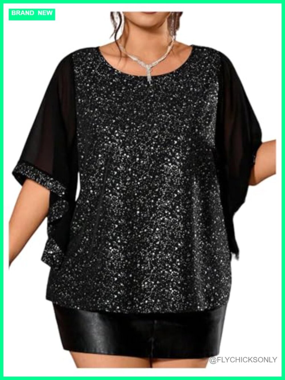 Plus Size Sparkly Bell 3/4 Sleeve Top Elegant Contrast Mesh Loose Fit Party Top